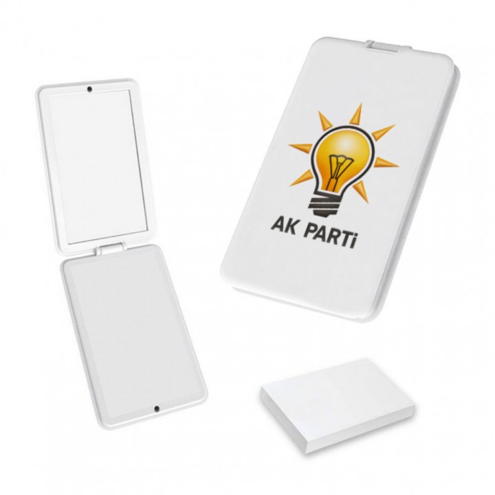 AK Parti Logolu Beyaz Plastik Cep Aynası 9,5x6 cm Tek Yön UV Baskılı Promosyon Model